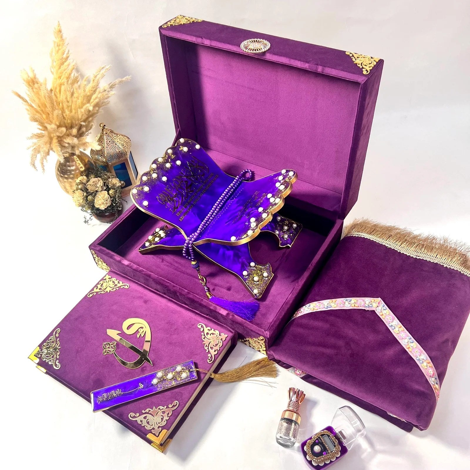 Handcrafted purple Quran and prayer mat gift set designed with modern luxury and timeless Islamic artistry.