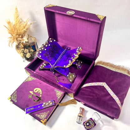 Handcrafted purple Quran and prayer mat gift set designed with modern luxury and timeless Islamic artistry.