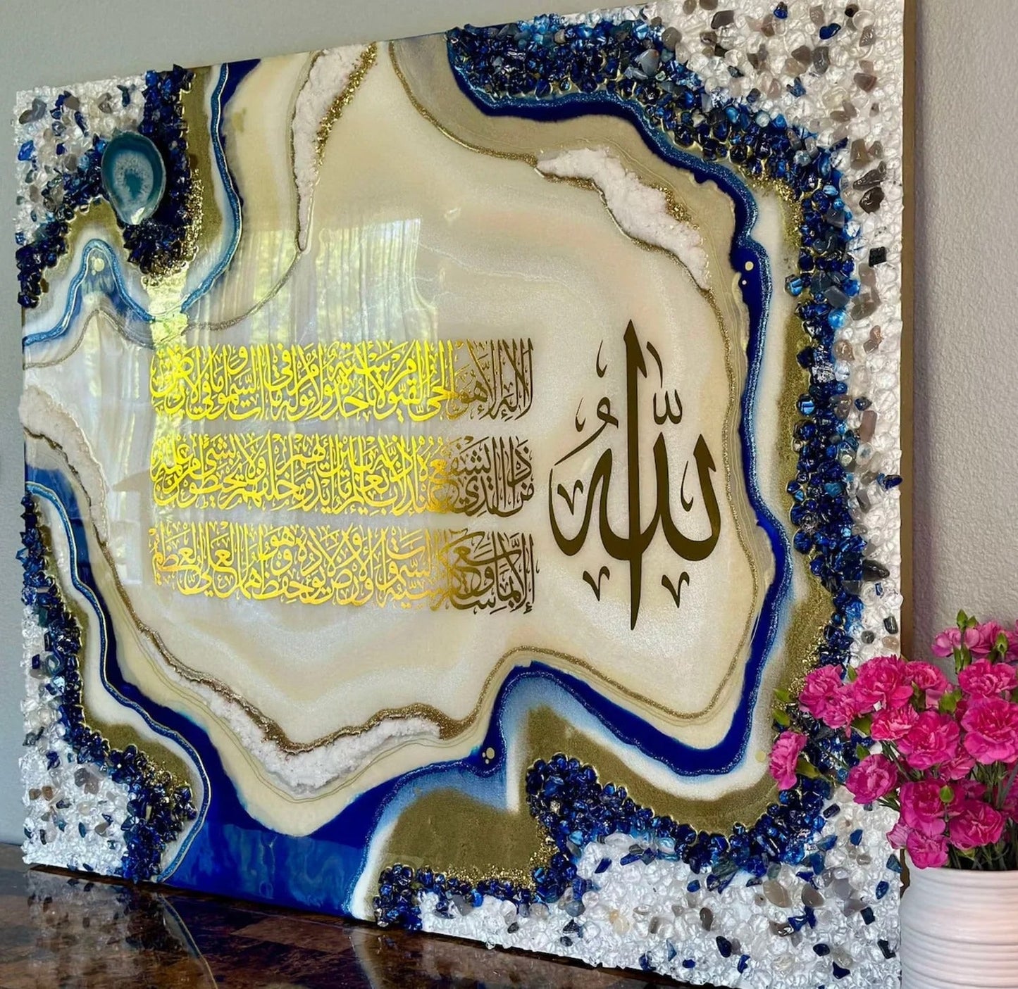 Geode-inspired resin Arabic calligraphy painting with elegant metallic accents