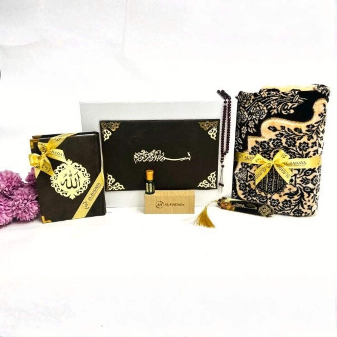 Personalized chocolate brown Quran and janamaz gift set perfect for weddings or Eid.