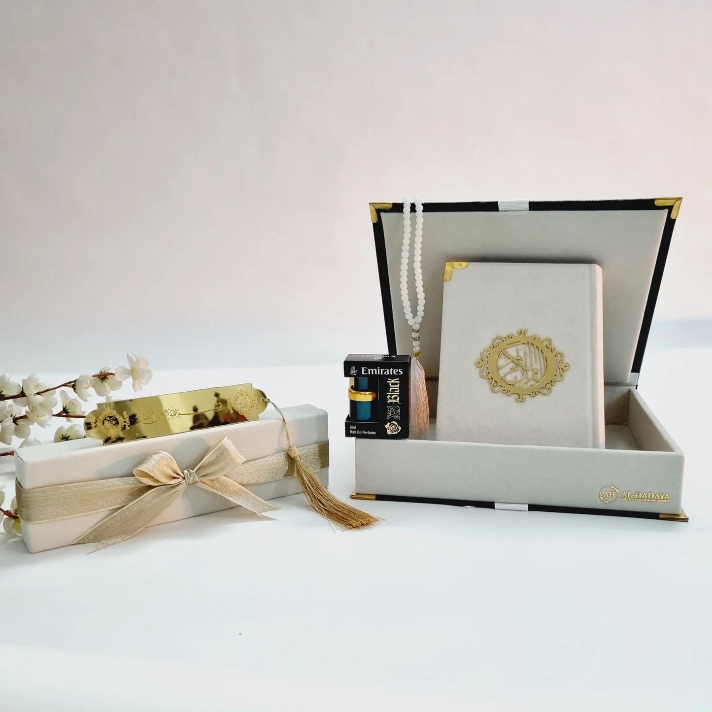 Handmade Quran box set featuring Al-Quran-Al-Kareem with golden detailing and accessories.