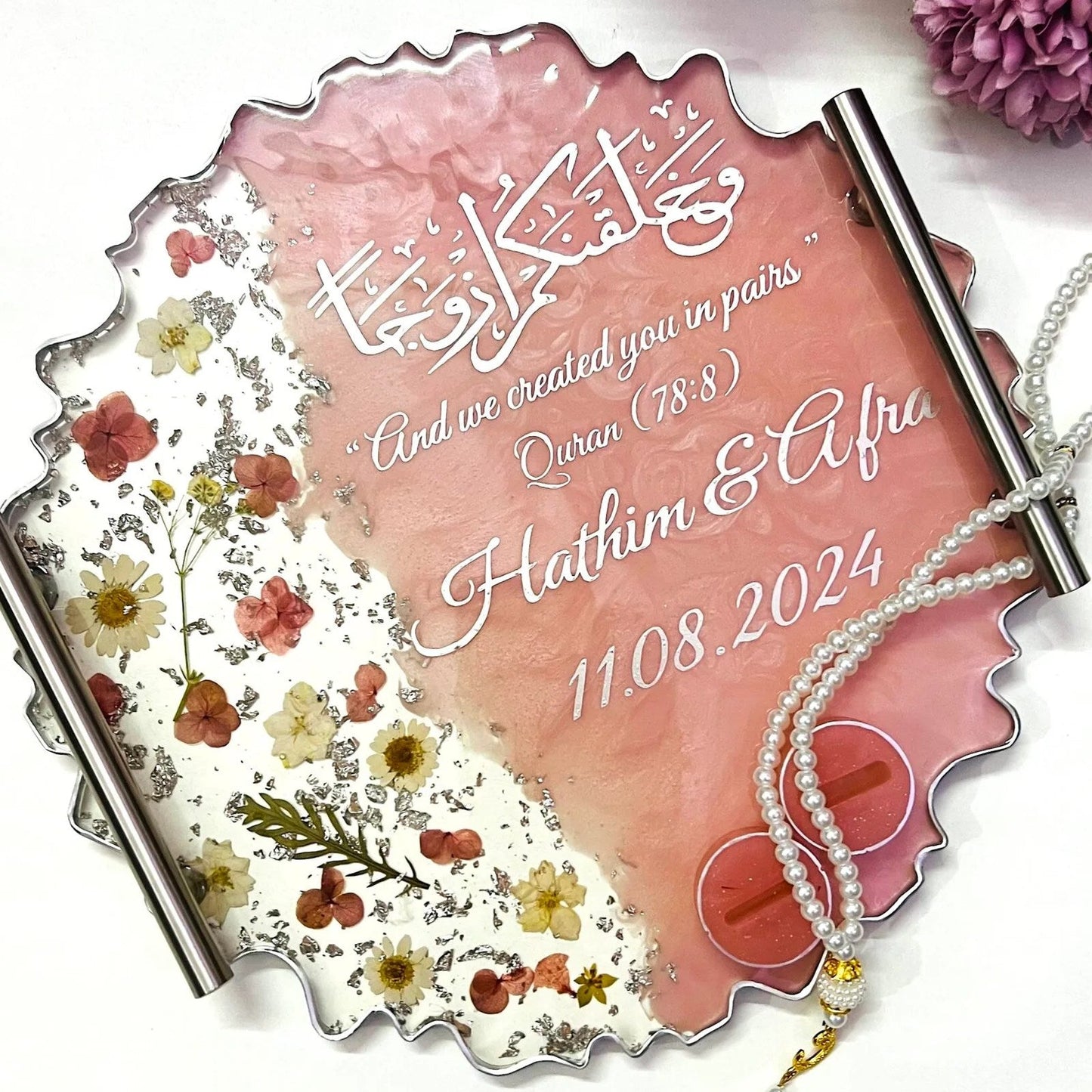 Handmade personalized resin wedding tray with silver flakes and floral decor.