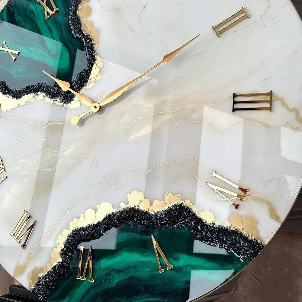 Handmade 12-inch resin wall clock in white, beige, and black with crystal stones