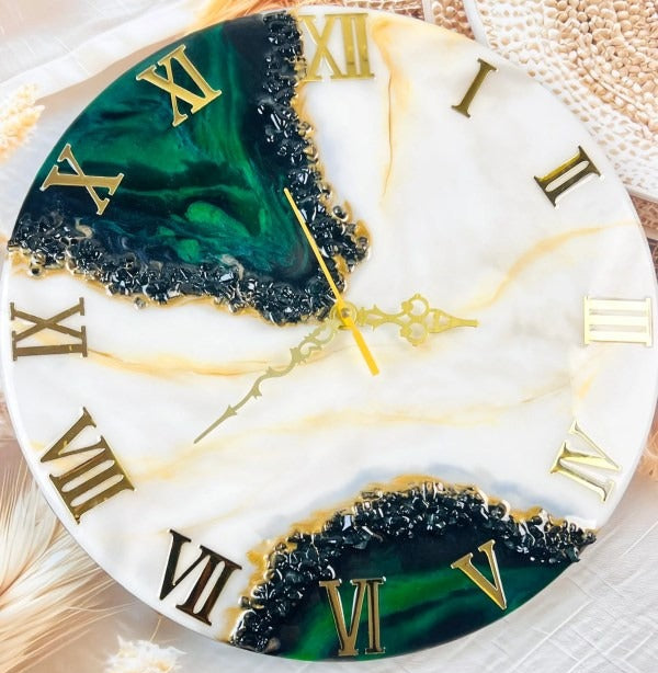 Handmade resin wall clock in white, beige, and black with natural crystal stones