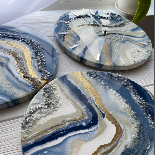 Handmade 12-inch resin wall clock with crystals and natural stone accents.