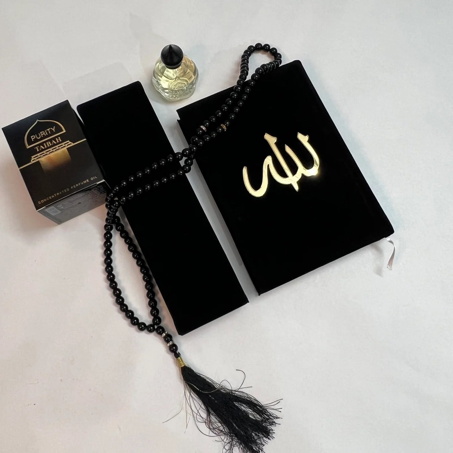 black colour quran gift set includes velevt quran, attar, quran bookmark and prayer mat
