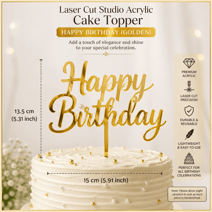 Acrylic Cake Topper (Happy Birthday) , Golden standard cakes (6–10 inches).