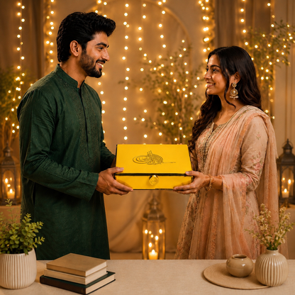 A man in a dark green kurta and a woman in a light peach-pink embroidered salwar suit are standing together, smiling as they present a bright yellow gift box with gold foil detailing. The background is decorated with warm hanging string lights and candles, creating a cozy, festive atmosphere.
