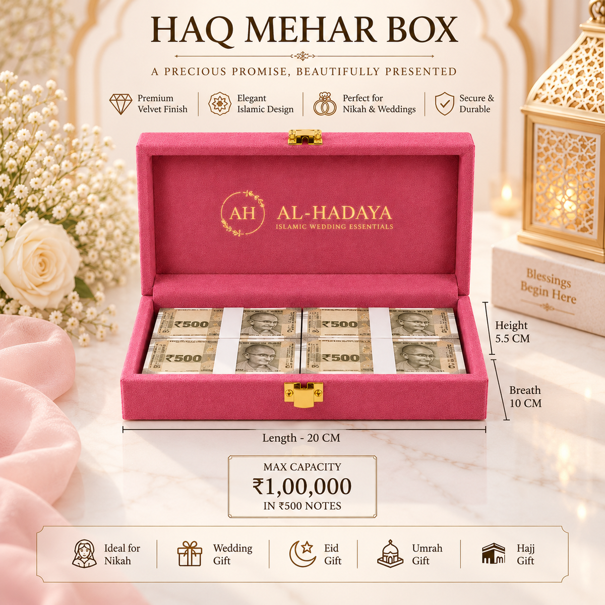 A pink velvet HAQ MEHAR box shown open on a marble surface with decorative flowers, a lantern, and text overlays. The box is branded AL-HADAYA and contains stacks of F-500 notes, with dimensions and capacity details displayed.