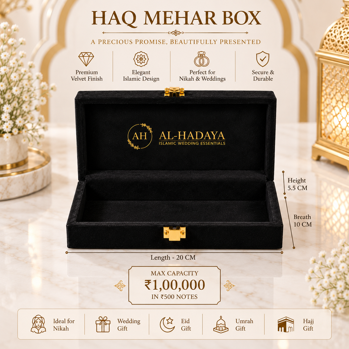 An open black velvet Haq Mehar box with gold hardware and gold branding on the inner lid, shown on a marble surface with decorative lanterns and text overlays detailing its dimensions and capacity.