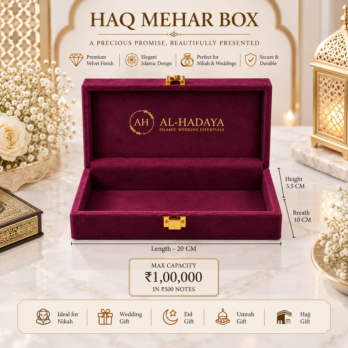 An open HAQ MEHAR BOX by Al-Hadaya in deep burgundy velvet with gold hardware, shown on a marble surface with decorative floral and lantern props. The image includes dimension labels (length 20 cm, height 5.