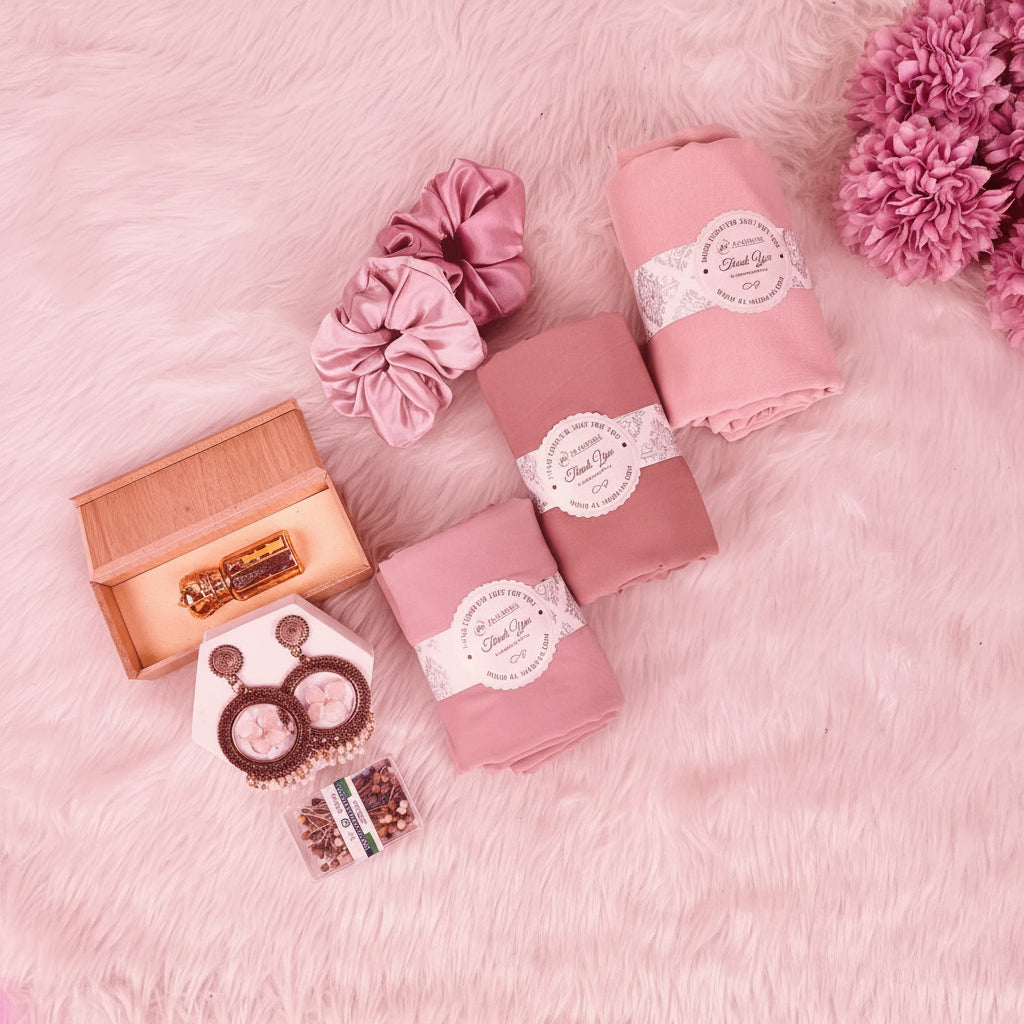 A styled flat-lay of a gift set on a white faux fur background, featuring three rolled dusty pink towels with lace bands, two pink satin scrunchies, a small wooden box with a gold item, a pair of brown and pink earrings, and a small jar of beads.