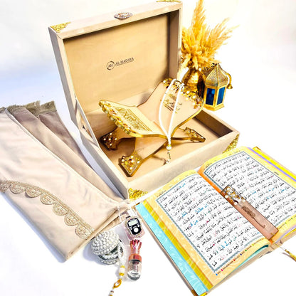 Al-Hadaya Hubb Al-Iman Quran Gift Box – Velvet Quran, Prayer Mat & Islamic Accessories
