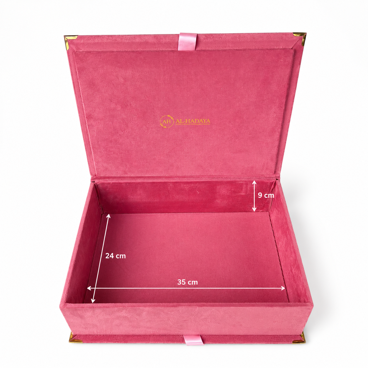 An open pink velvet gift box with gold corner accents and a pink ribbon tab, shown on a white background with overlaid dimension lines and text indicating 35 cm width, 24 cm depth, and 9 cm height.