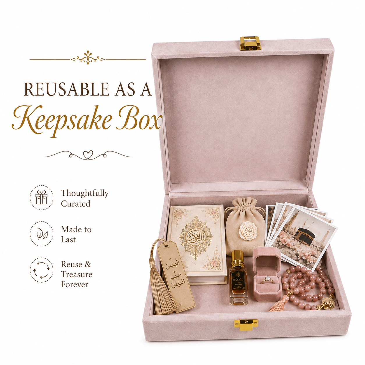 An open dusty pink keepsake box set displayed on a white background with promotional text on the left. The box contains a small book, a pink beaded necklace, a ring in a pink case, a small perfume bottle, a drawstring pouch, and photos.