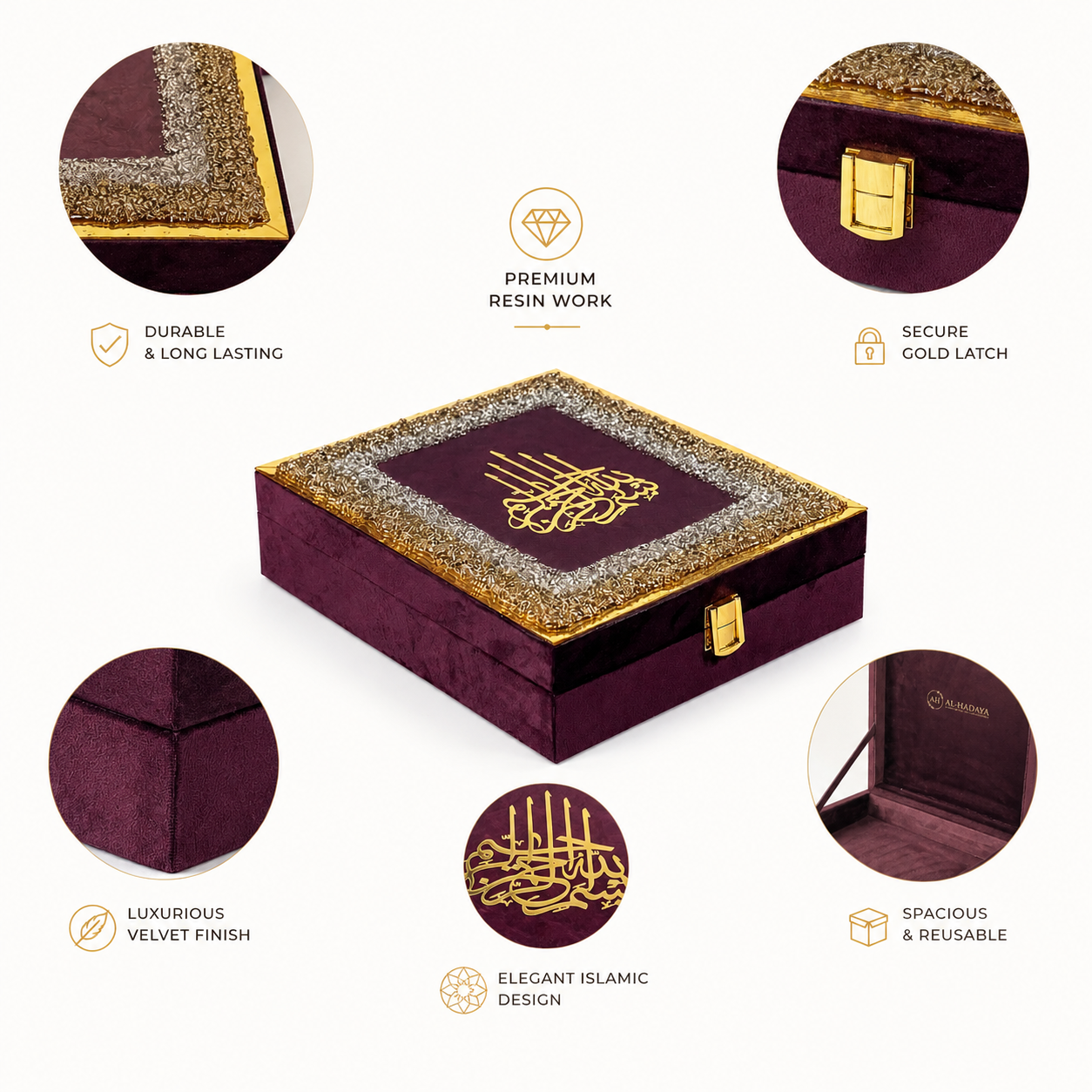 A square presentation box with a deep burgundy velvet interior and exterior, decorated with a metallic gold Islamic calligraphy design on the lid. The box is shown on a white background with five circular detail callouts highlighting its features: durable resin work, a secure gold latch, luxurious velvet finish, elegant Islamic design, and spacious interior.