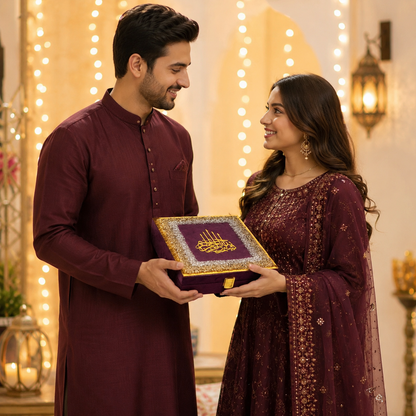 A man and a woman in matching deep maroon traditional outfits hold a decorative purple and gold gift box together in a warmly lit indoor setting with string lights and lanterns.