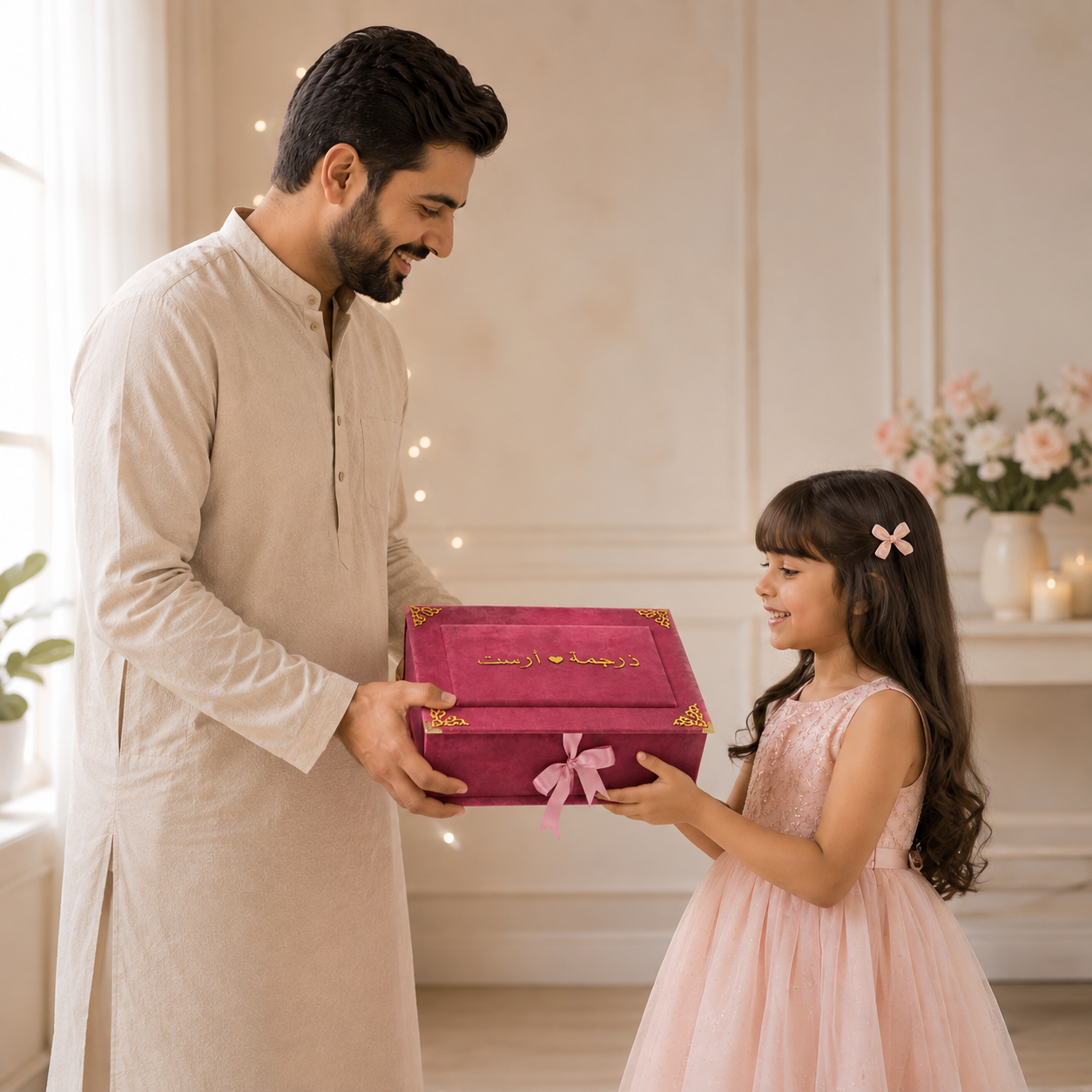A man in a beige traditional outfit and a young girl in a pink dress present a magenta gift box with gold detailing and a pink bow to each other in a warmly lit indoor setting.