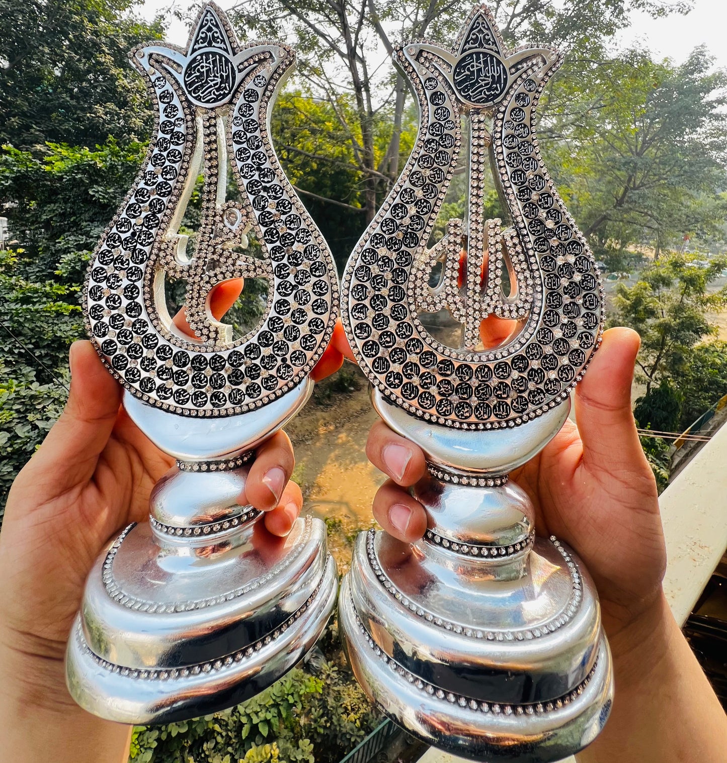 Luxury Silver Islamic Decorative Figurines – Allah & Muhammad Calligraphy Set| Tulip Allah Swt. Muhammad PBUH Esmaul Husna