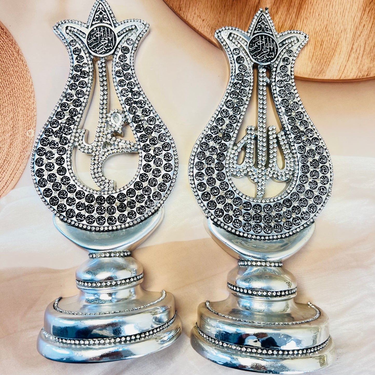 Luxury Silver Islamic Decorative Figurines – Allah & Muhammad Calligraphy Set| Tulip Allah Swt. Muhammad PBUH Esmaul Husna