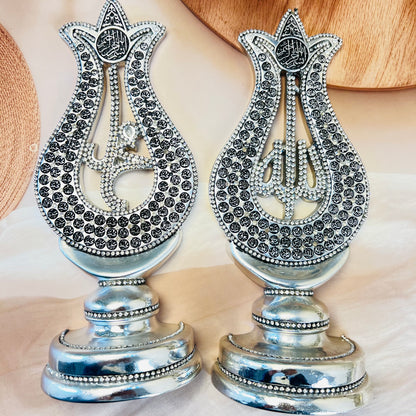 Luxury Silver Islamic Decorative Figurines – Allah & Muhammad Calligraphy Set| Tulip Allah Swt. Muhammad PBUH Esmaul Husna
