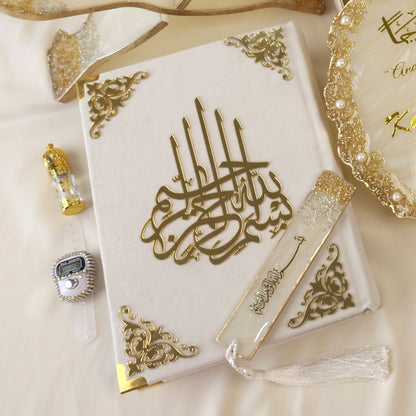 Luxury Off-White Quran Gift Set | Velvet Quran, Prayer Mat & Resin Rehal | Aesthetic Islamic Prayer Essentials