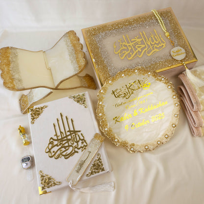 Luxury Off-White Quran Gift Set | Velvet Quran, Prayer Mat & Resin Rehal | Aesthetic Islamic Prayer Essentials