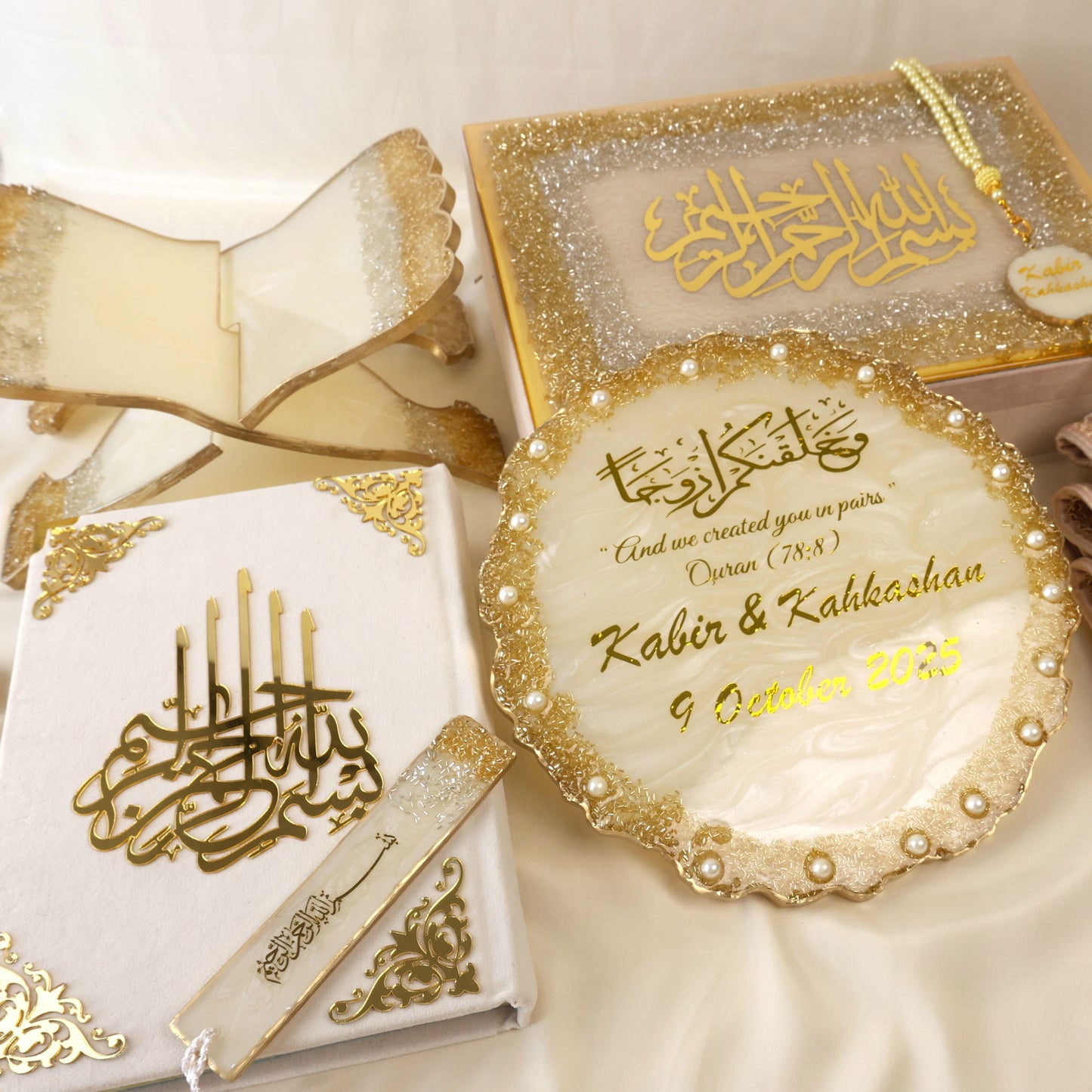 Luxury Off-White Quran Gift Set | Velvet Quran, Prayer Mat & Resin Rehal | Aesthetic Islamic Prayer Essentials