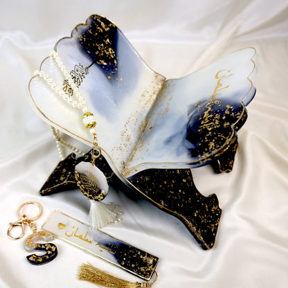 Premium Resin Black & White Rehal with Tasbih & Bookmark – Islamic Gift Set