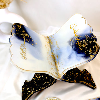 Premium Resin Black & White Rehal with Tasbih & Bookmark – Islamic Gift Set