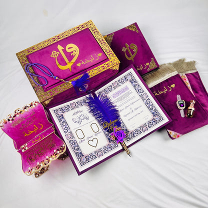 Al-Hadaya Purple Nikkah Set | Luxury Islamic Wedding Hamper with Qur’an, Tasbeeh & Prayer Essentials| Full Hamper Set