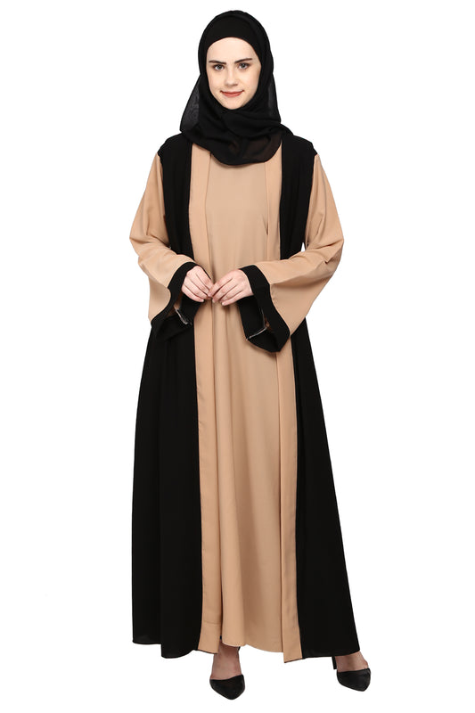 Regular Wear Double Sharag Abaya – Skin & Black Elegant Modest Dress