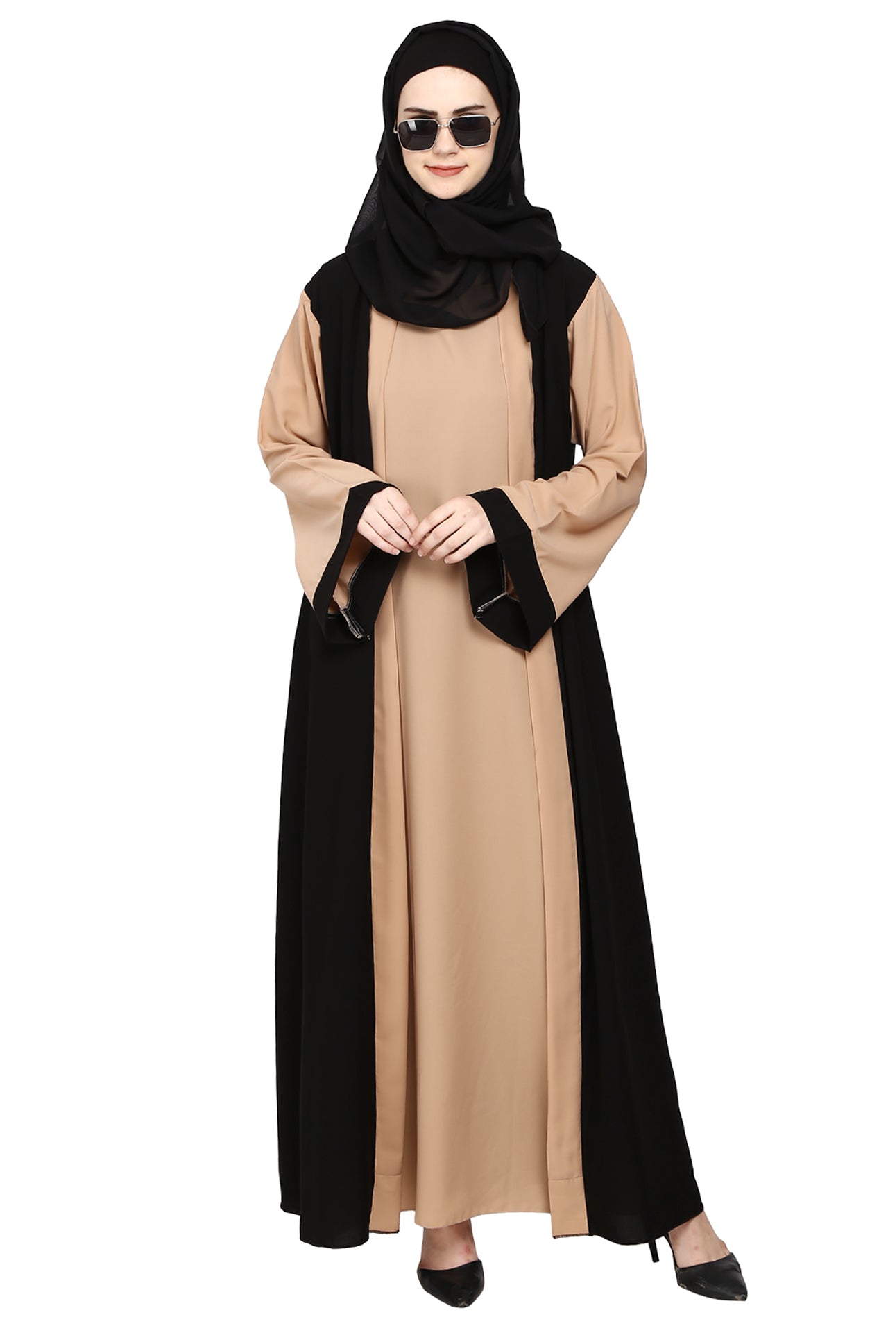 Regular Wear Double Sharag Abaya – Skin & Black Elegant Modest Dress