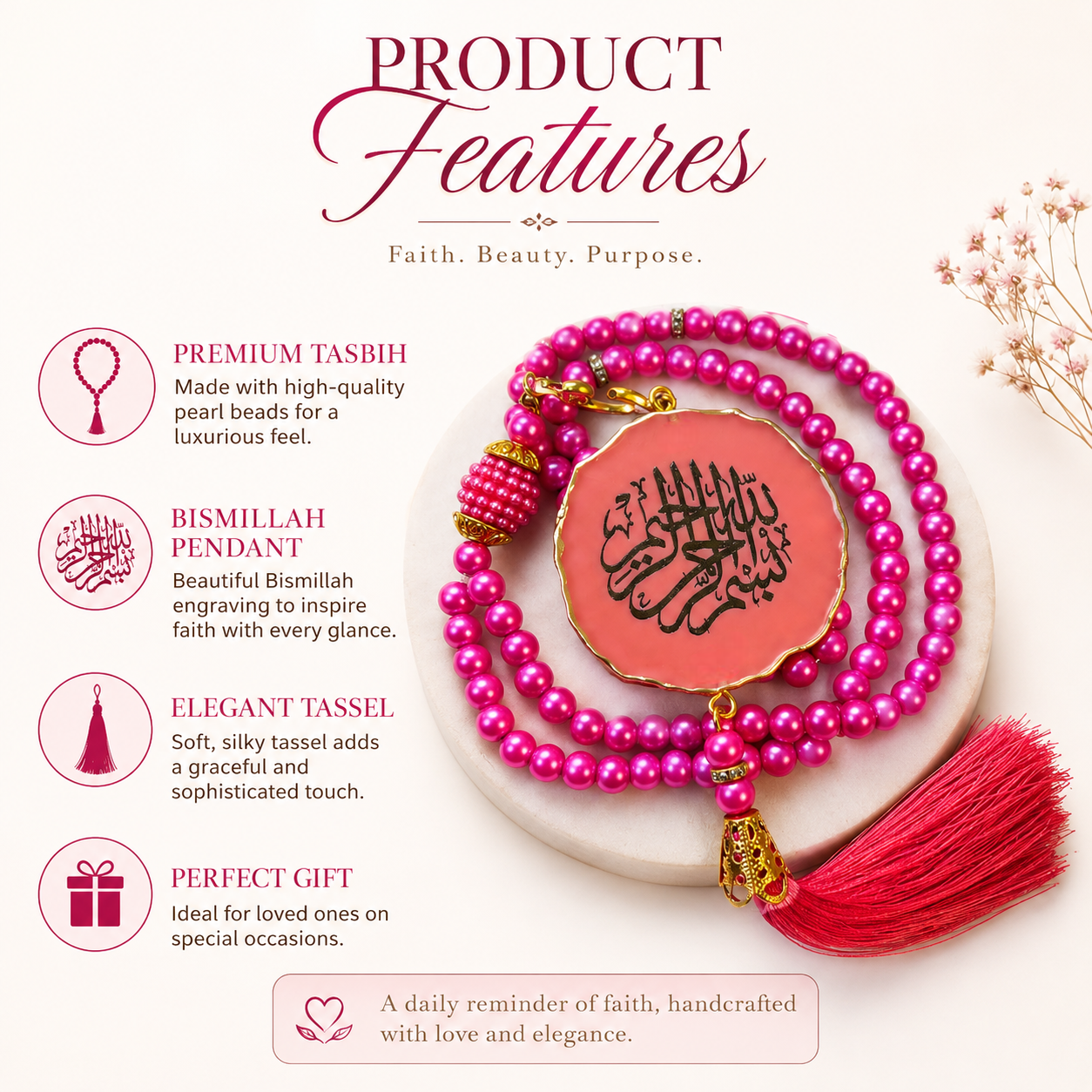 Pink Bismillah Tasbih Dial for Daily Dhikr