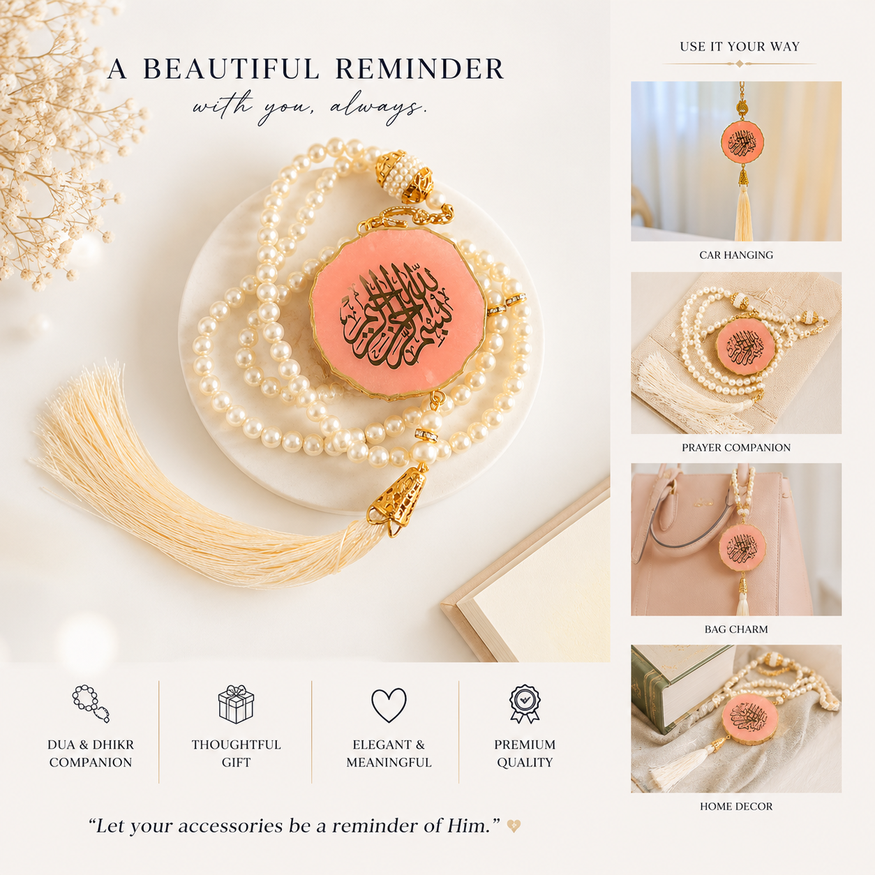 Misty Rose Bismillah Tasbih Dial for daily rememberance