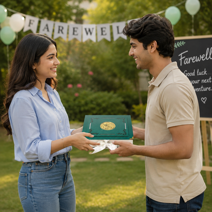 A man and a woman standing outdoors on a lawn, smiling as they exchange a green book with a gold seal and white ribbon. Balloons, a 'Farewell' banner, and a chalkboard sign are visible in the background.
