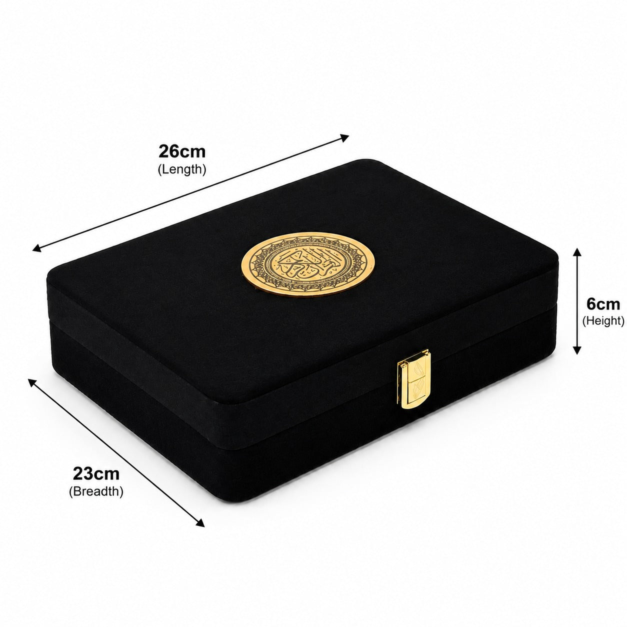 Black rectangular presentation box with a gold emblem on top and a gold latch, shown with dimension arrows and labels indicating 26 cm length, 23 cm breadth, and 6 cm height on a white background.