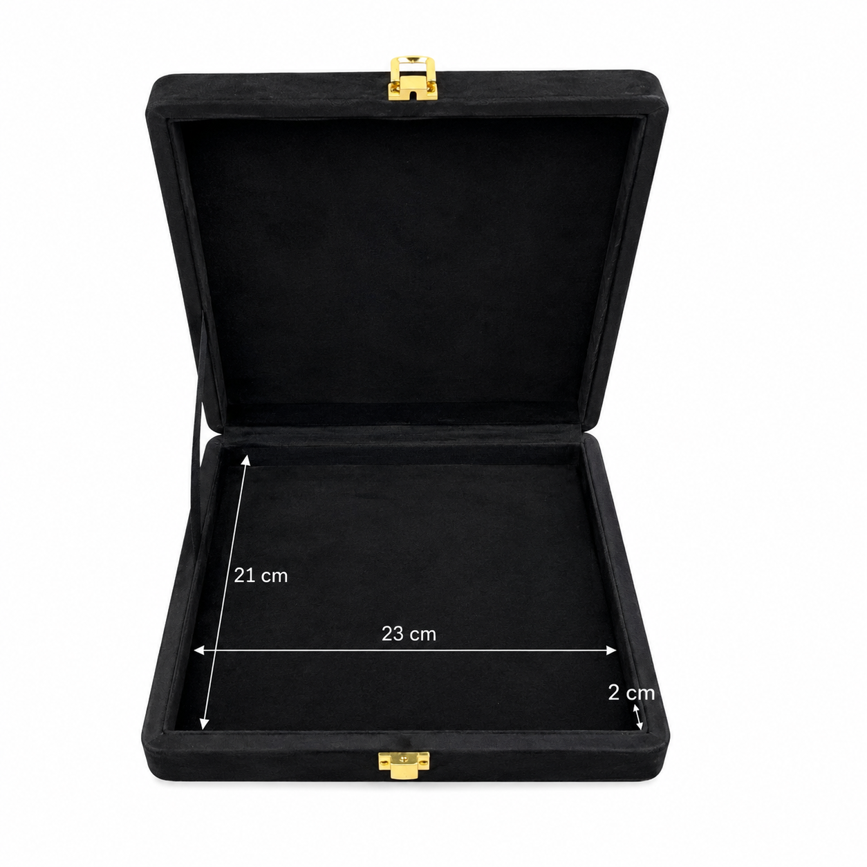 An open black velvet jewelry box with gold-tone latches, shown on a white background with overlaid dimension lines and measurements (21 cm height, 23 cm width, 2 cm depth).