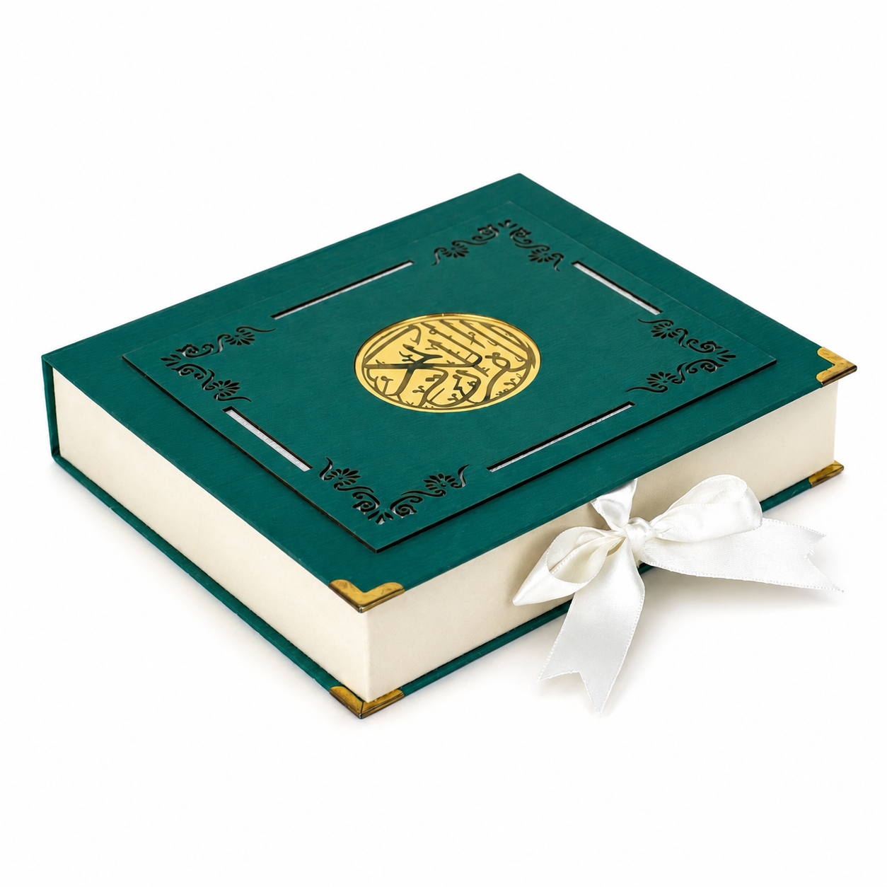 A hardcover book with a dark green cover, cream-colored pages, gold corner and center medallion details, and a white ribbon tied in a bow, shown on a plain white background.