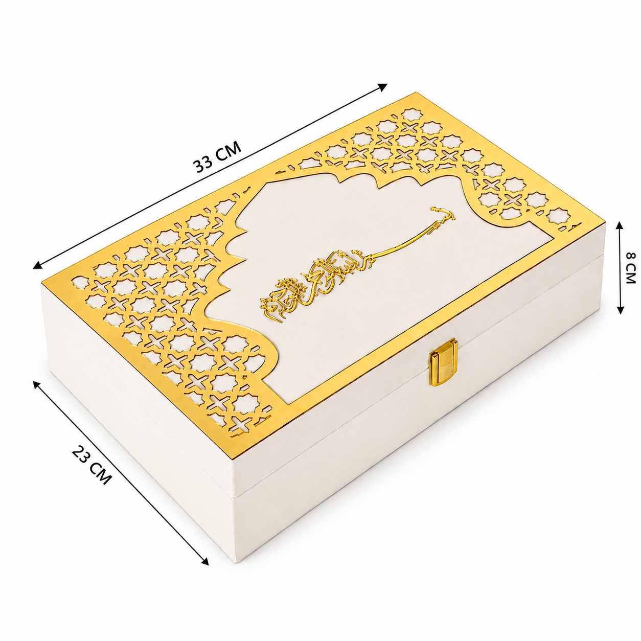 A rectangular jewelry box shown at an angle on a white background, with dimension arrows and labels indicating 33 cm length, 23 cm width, 8 cm height, and a gold clasp. The box is cream/off-white with ornate laser-cut gold detailing on the lid.