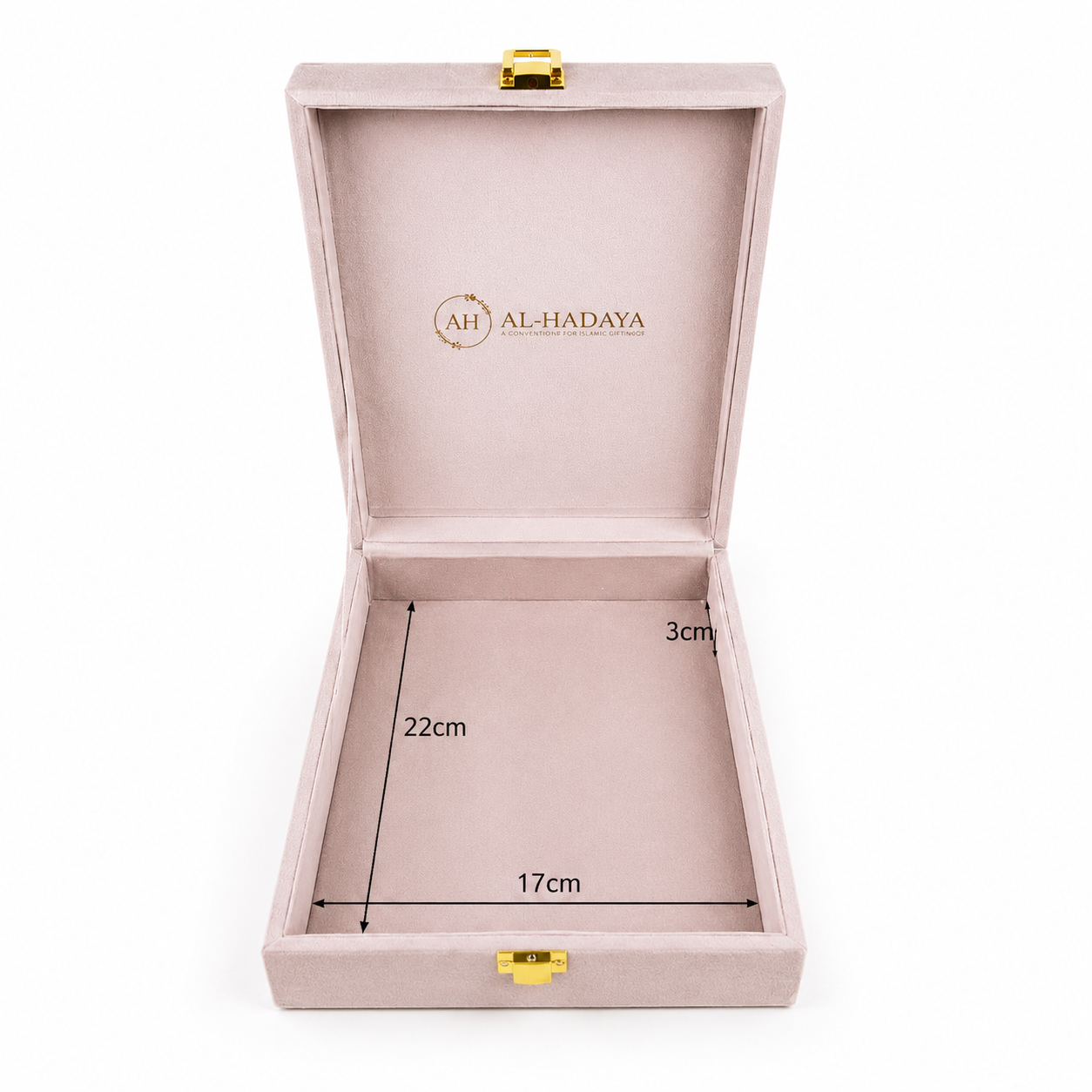 An open dusty pink keepsake box set displayed on a white background with promotional text on the left. 