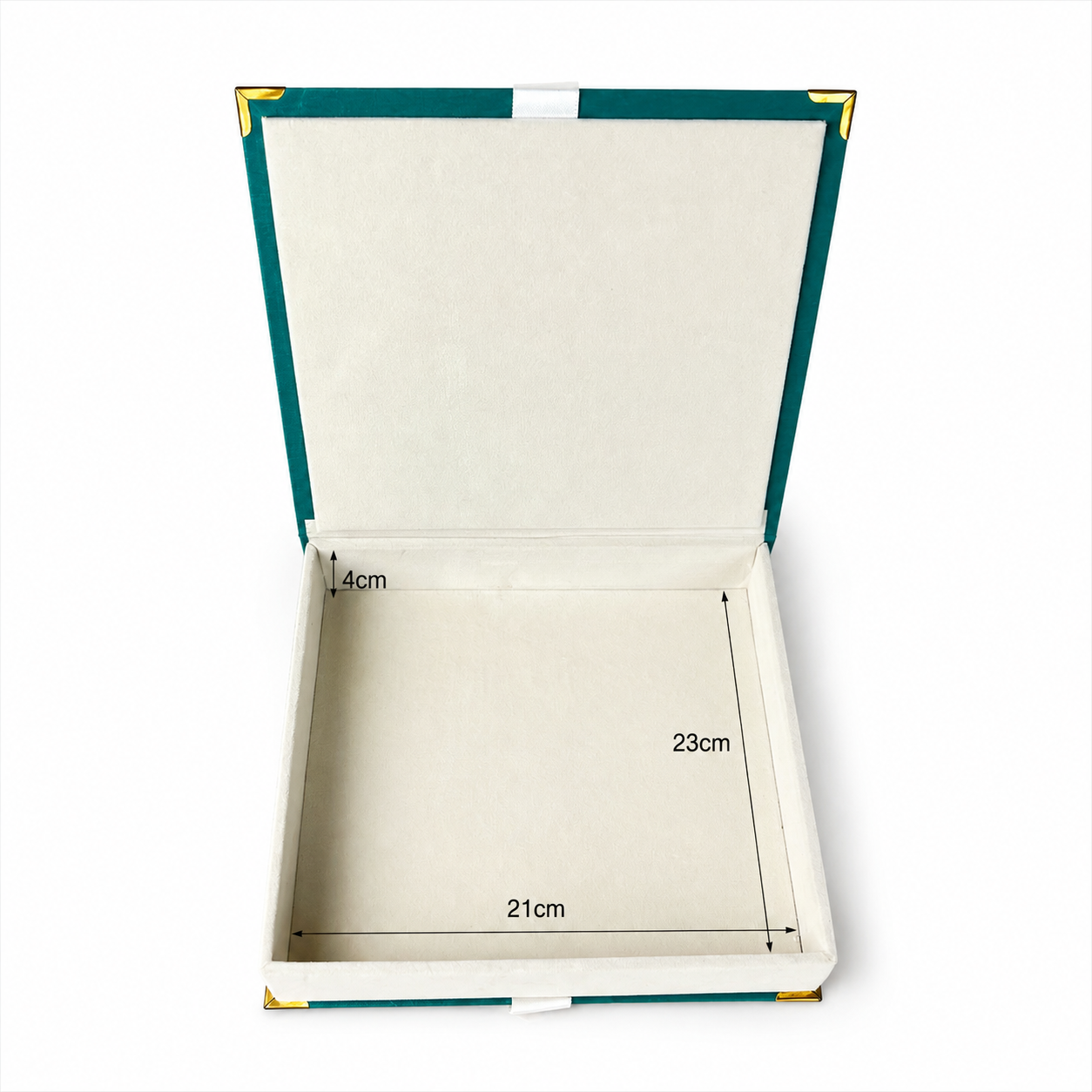 An open rectangular gift box with a cream-colored interior and teal-green flaps, shown on a white background with printed dimension labels indicating 21 cm width, 23 cm height, and 4 cm flap thickness.