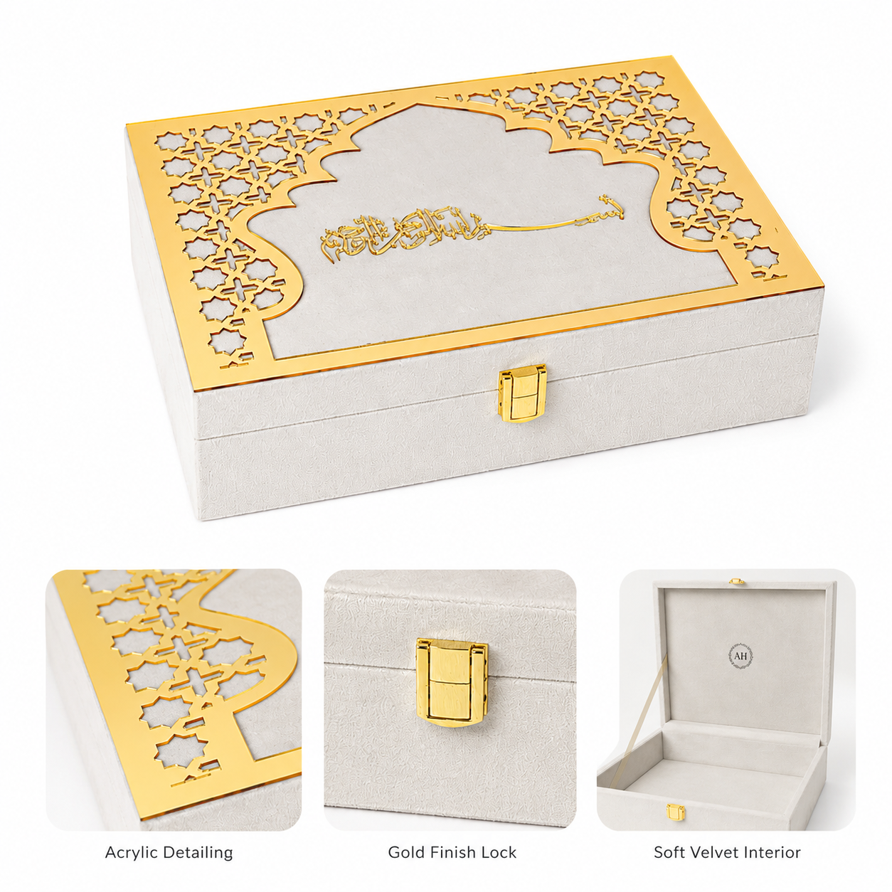 A rectangular jewelry box with a light beige textured exterior, gold laser-cut detailing on the lid, and a gold clasp. Three inset detail images at the bottom show the acrylic pattern, the gold latch, and the soft velvet interior.