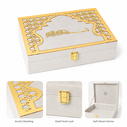 A rectangular jewelry box with a light beige textured exterior, gold laser-cut detailing on the lid, and a gold clasp. Three inset detail images at the bottom show the acrylic pattern, the gold latch, and the soft velvet interior.