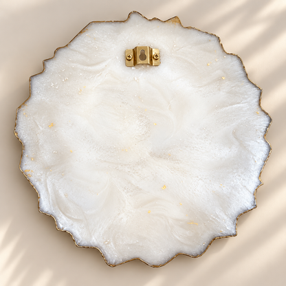 Premium personalized Nikah resin plaque featuring a pearlescent white center, intricate gold textured border, red and blush dried flowers, pearls, Arabic calligraphy, couple’s names and wedding date.