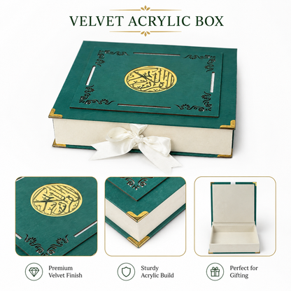 A green velvet and acrylic gift box with gold trim, shown closed with a white ribbon bow and open at the bottom right. The image includes text reading 'VELVET ACRYLIC BOX' and three feature callouts highlighting premium velvet finish, sturdy acrylic build, and suitability for gifting.
