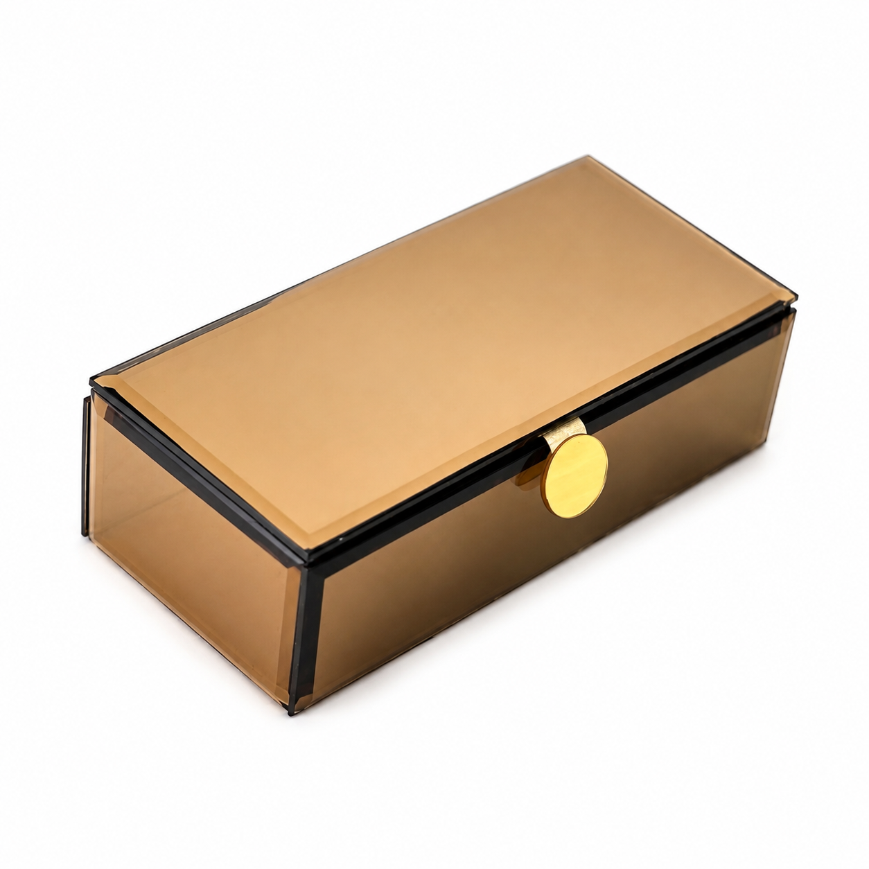 A rectangular translucent amber-brown plastic storage box with a hinged lid and a round gold clasp, shown on a plain white background.