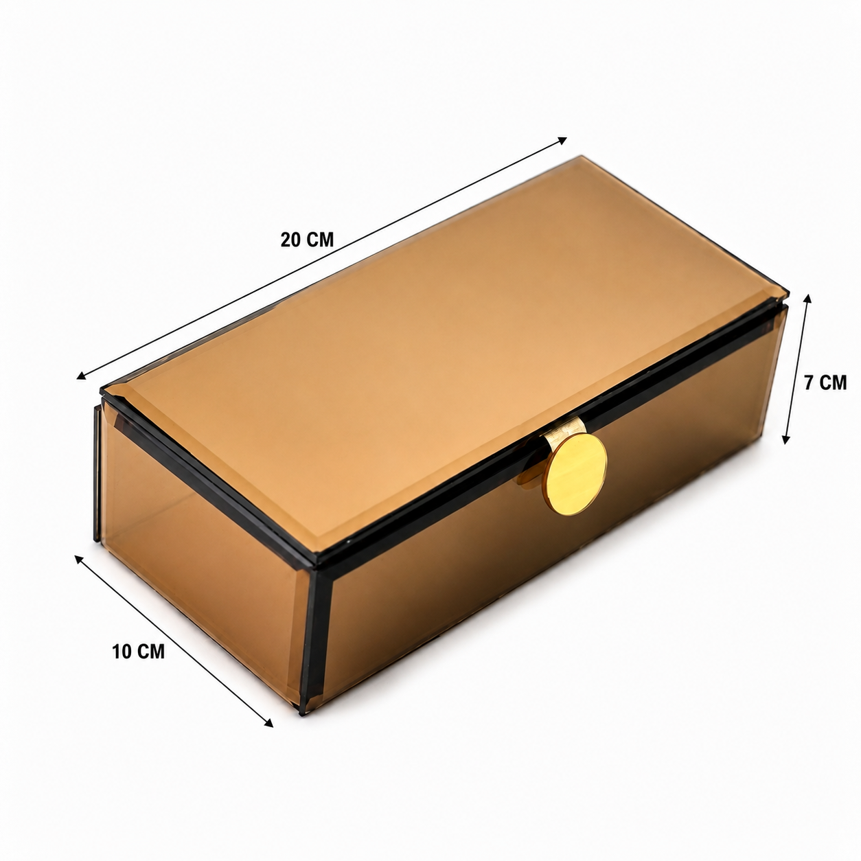 A rectangular transparent smoky-gold storage box with a hinged lid, black trim, and a round gold clasp, shown with dimension arrows and labels indicating 20 cm length, 10 cm width, and 7 cm height on a white background.