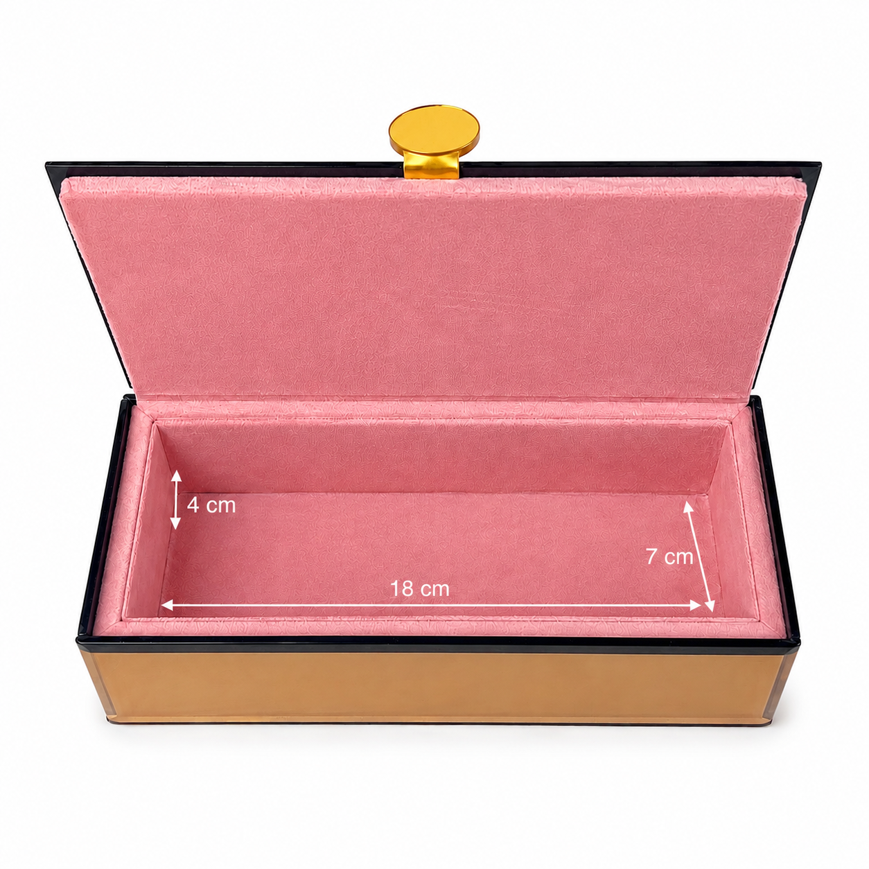 An open rectangular jewelry box with a pink velvet interior, black outer trim, a gold clasp on top, and white dimension arrows showing measurements of 18 cm length, 4 cm height on the left, and 7 cm height on the right, on a white background.