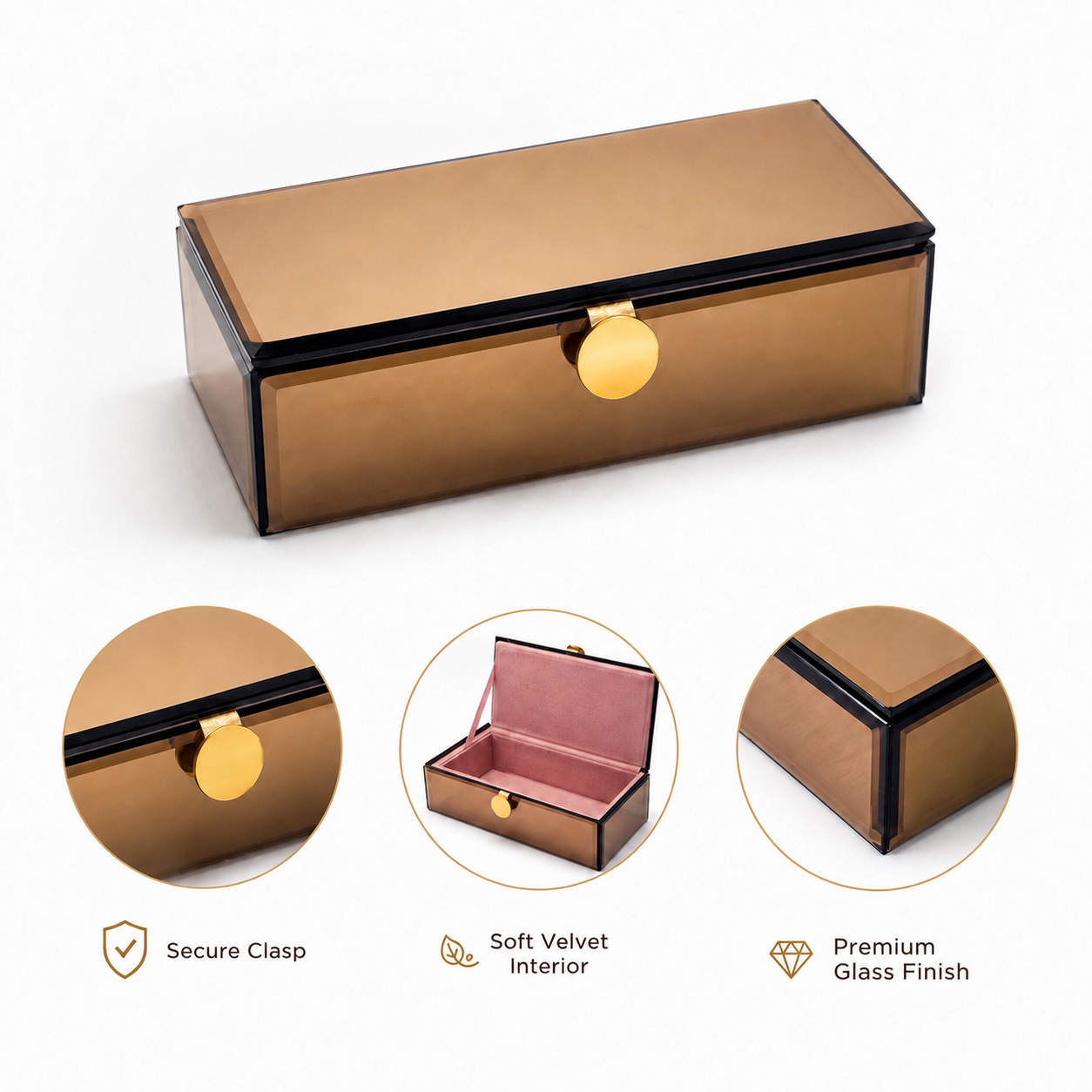 A rectangular glass jewelry box with a metallic bronze finish, black trim, and a round gold clasp, shown on a white background with three circular detail insets highlighting the secure clasp, soft velvet interior, and premium glass finish.
